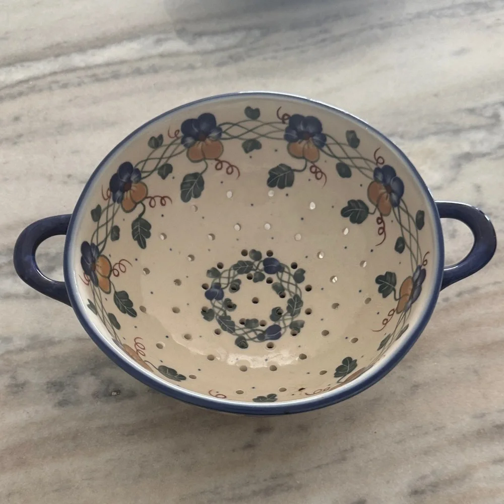 Blue Floral Ceramic Colander with Double Handles